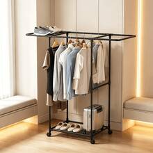 Space-Saving Floor Standing Coat, Hat & Shoe Rack, Rotating Universal Wheels, Thickened & Heightened Steel Tube With Strong Load-Bearing, Shoe & Clothing Partitioned Storage, Home Bedroom Vertical Clothing Storage Rack - Black and White - View 10