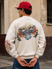 FRACTYR Men's Beige Crew Neck Sweatshirt, Motorcycle Engine Flame Checkered Flag Print Loose Streetwear Pullover, Casual Street Style Spring Autumn Top - Apricot - View 4