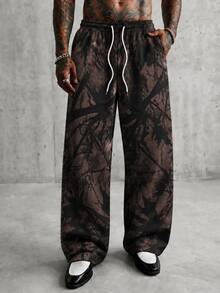 Zrgoth Men's Straight Leg Casual Pants, Black Maple Leaf Print Drawstring Casual Long Pants - Black - View 4