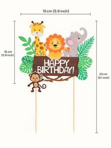 1件生日快樂卡通動物蛋糕裝飾插牌，創意叢林狩獵風蛋糕插飾，DIY蛋糕插牌含長頸鹿、獅子、大象、猴子與熱帶葉片，適用兒童生日派對、嬰兒洗禮，蛋糕裝飾用品 - 彩色 - 查看 4