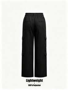 Women's Black High-Waist Multi-Pocket Cargo Pants, Lightweight Wide-Leg Casual Loose Long Pants - Black - View 7