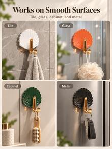 4pcs Shell-Shaped Self-Adhesive Double Hooks, No-Drill Textured Wall Hooks, Suitable For Towels, Bags, Keys, Bath Sponges, Bathroom, Bedroom, Kitchen, Entryway, Home Decor And Accessories - Multicolor - View 7