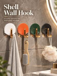 4pcs Shell-Shaped Self-Adhesive Double Hooks, No-Drill Textured Wall Hooks, Suitable For Towels, Bags, Keys, Bath Sponges, Bathroom, Bedroom, Kitchen, Entryway, Home Decor And Accessories - Multicolor - View 4