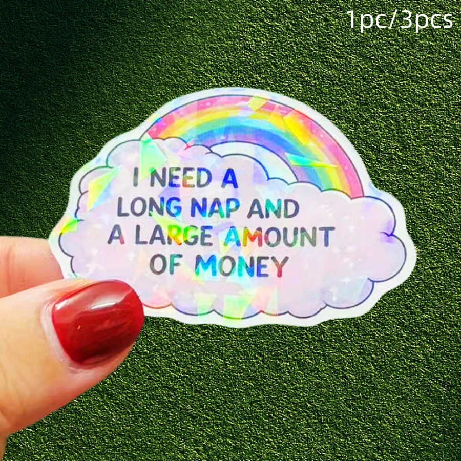 Rainbow Cloud Text "I NEED A ..." - Expressing The Desire To Lie Flat And Get Rich Waterproof Vinyl Sticker - Durable Smooth Surface, Self-Adhesive Bumper Sticker, Suitable For Cars, Windows, Laptops, Trucks, Water Bottles - Multi-Functional Durable Design, Car Sticker - Vinyl - View 1