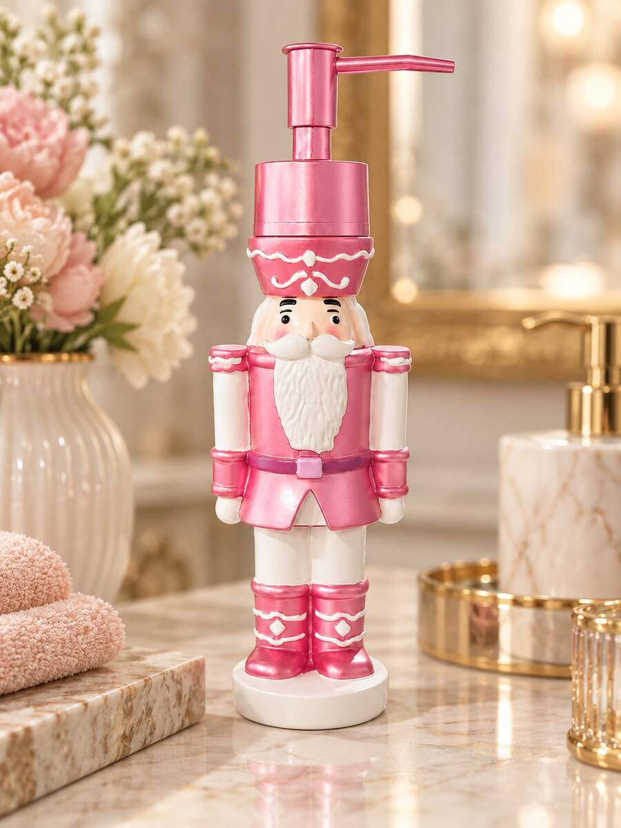 1pc Christmas Nutcracker Soap Dispenser, Pink Refillable Liquid Hand Soap Pump Bottle, Bathroom Vanity, Kitchen Sink Countertop Lotion Dispenser, Holiday Home Decor, Christmas Gift - D - View 1