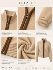 Women's Autumn/Winter Stand Collar Zip-Up Knit Cardigan, Raglan Long Sleeve Slim Fit Solid Color Casual Short Sweater Jacket - Camel - View 4