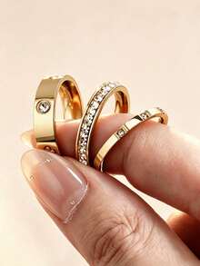 3pcs Stainless Steel Stackable Ring Set, Cubic Zirconia Inlaid Rings, Waterproof Daily Wear Finger Jewelry, Women's Party And Date Jewelry - Gold Four-leaf Clover - View 10