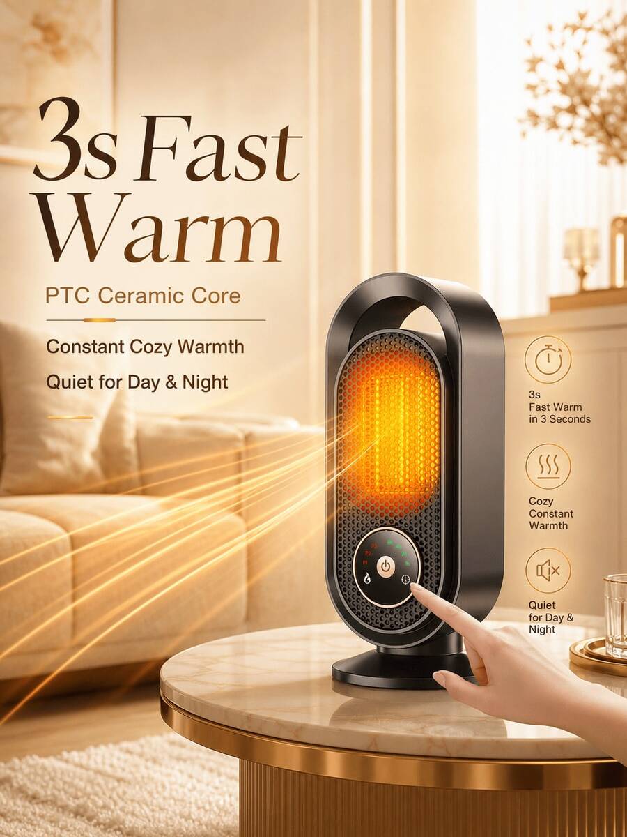 SMEG is gems Portable Space Heater, Fast Heating Desktop Electric Heater, Touch Control, Multiple Heating Settings And Timer Function, Quiet Small Heater, Suitable For Bedroom, Office, Home - Black - View 1