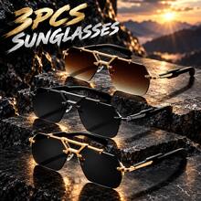 3 Pairs Frameless Double Bridge Fashion Metal Material Unisex Sun Protection Punk Street Style - Gold Frame Black Lens + Black Frame Gray Lens - View 1