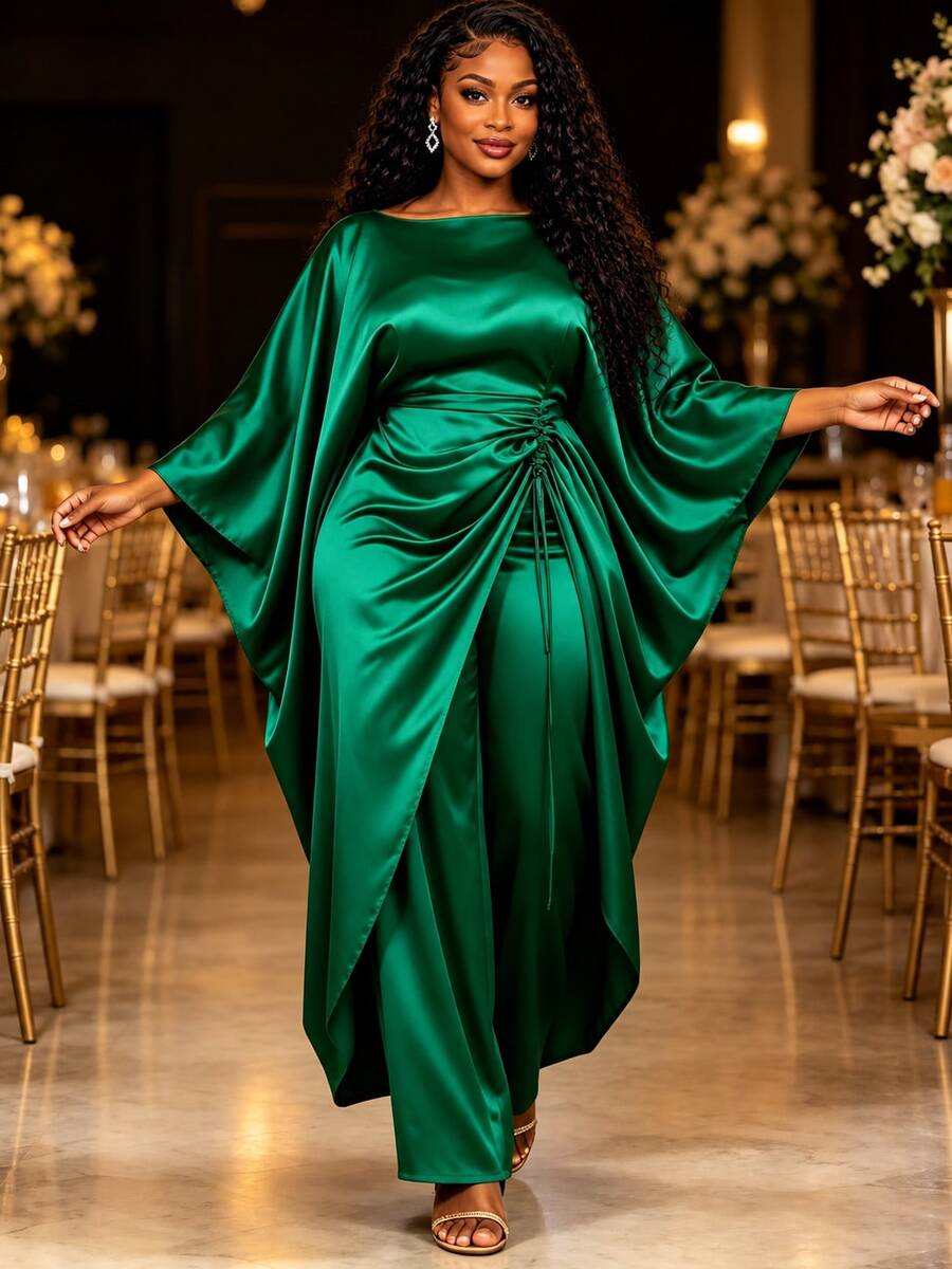 AOMEI Women's African Style Green Satin Two Pieces Set, Draped Top With Wide-Leg Pants, Adjustable Tie Waist,