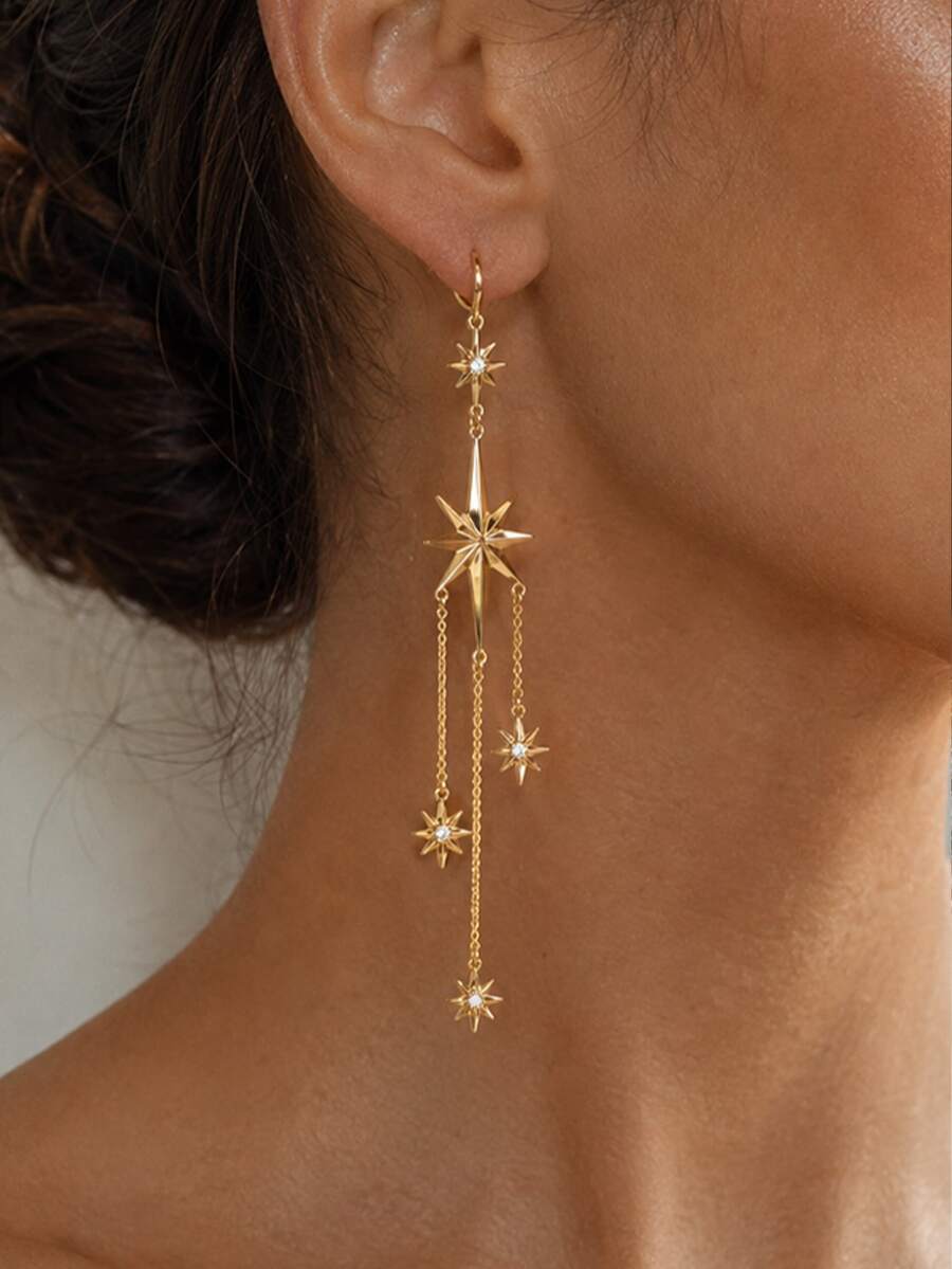 1pc Octagram North Star Multi-Chain Tassel Earrings, Rhinestone Embellished Celestial Style Long Drop Ear Hooks, Suitable For Prom, Wedding, Party - Rhinestones - View 1