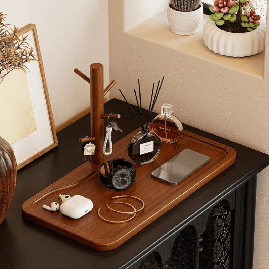 Bamboo Branch Key Storage Tray, Desktop Entryway Organizer With Hooks, Key, Jewelry, Watch And Small Home Decor Storage Tray, Home Desktop Decoration - View 1