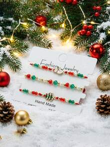 3Pcs/Set Men Women's Christmas Charm Beaded Bracelet, Adjustable String Stackable Bracelets, Holiday Party Jewelry Gift For Lover - Multicolor - View 5