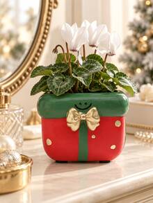 1pc Christmas Tree And Gift Box Shaped Planter, Cute Festive Small Plant Pot With Bow And Star Details, Holiday Home Decor For Succulents, Windowsill, Office Desk, Shelf And Tabletop Display - New Product - View 2