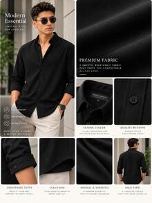 Men's Slim-Fit Casual Long-Sleeve Button-Up Shirt - Soft Textured Cotton-Linen Blend Breathable Shirt For Modern Smart-Casual & Everyday Wear - Black - View 5