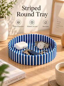 1pc 3D Printed Striped Round Tray, Quantum Style Decorative Storage Tray, Aesthetic Tabletop Ornament, Multi-Purpose Desktop Organizer For Small Items, Modern Home Table Decor - Multicolor - View 11