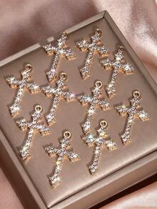 10Pcs Gold‑Tone Sparkling Rhinestone Cross Charms, Suitable For DIY Hand‑Made Jewelry Such As Bracelets, Necklaces And Earrings - Gold - View 1