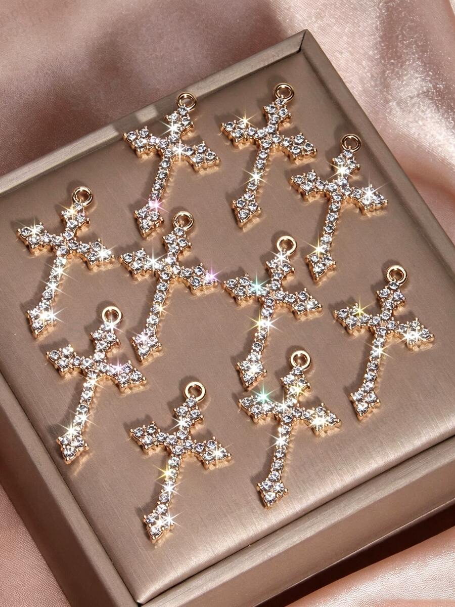10Pcs Gold‑Tone Sparkling Rhinestone Cross Charms, Suitable For DIY Hand‑Made Jewelry Such As Bracelets, Necklaces And Earrings - Gold - View 1