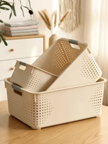 7pc Plastic Storage Baskets With Handles, Wide Mouth Shallow Food Storage Organizer Boxes, Multi-Purpose Home Storage Trays, Suitable For Kitchen Cabinets, Countertops, Bedrooms, Bathrooms, Portable Picnic Baskets, Used For Storing Fruits, Bread, Ginger, Garlic, Snacks, Home Desktop Clutter Containers, Suitable For Home Organization 1/2/5/7pc - View 2