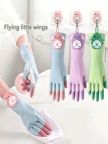 Cute Cartoon Print Latex Protective Gloves, Extended Cuff Design Waterproof Household Gloves, Non-Slip Texture With Convenient Hook, Color Block Style, Suitable For Kitchen Dishwashing, Bathroom Cleaning And Various Daily Chores - Multiple Styles - View 7