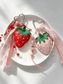 Cute Leather Strawberry Keychain With Braided Rope, Fruit Heart Bag Charm, For Women's Shoulder Bag, Tote Bag, Keychain - Multicolor - View 3
