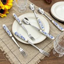 6/12pcs Blue Floral Ceramic Handle Stainless Steel Coffee Spoons, Dessert Spoons, Ice Cream Spoons, Small Spoons, Small Forks And Fruit Forks, Suitable For Home, Restaurant, Hotel Use - Multicolor - View 10