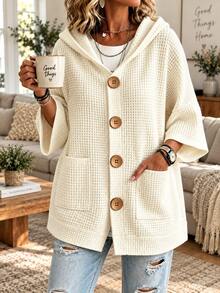 Plus Size Women's Waffle Knit Hooded Cardigan, Button Front Short Sleeve Loose Casual Textured Sweater Jacket, Autumn Daily Layering Outerwear - White - View 3