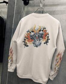 FRACTYR Men's Beige Crew Neck Sweatshirt, Motorcycle Engine Flame Checkered Flag Print Loose Streetwear Pullover, Casual Street Style Spring Autumn Top - Apricot - View 6