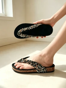 roulvxiang Wide Foot Last Sparkling All Day: Full Coverage Rhinestone Thin Strap Sandals, Faux Wood Grain Sole, Fashion Flat Flip Flops, Women's Summer Style - Multicolor - View 1