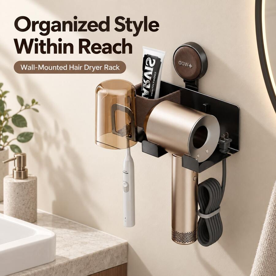 No-Drill Multifunctional Bathroom Storage Rack, Hair Dryer Holder, Toothbrush & Toothpaste Organizer With Dust-Proof Cup, Cable Management Wall Mount Rack, Space-Saving Bathroom Sink Organizer - Multicolor - View 1