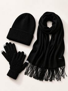 Autumn/Winter Hat, Scarf And Gloves 3 Pieces Set, Solid Color Cuffed Knit Hat With Tassel Long Scarf And Colorblock Fingertip Gloves, Unisex Minimalist Commuter Accessories - Multicolor - View 6