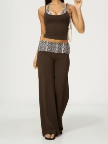 New Fall Styles For Women's Sexy High-Elasticity Crew Neck Tank Top & Snakeskin Print High-Waisted Wide-Leg Pants Two Pieces Set, Create A Fashionable - Coffee Brown - View 5