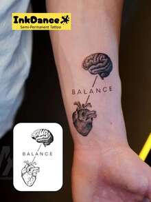 1 Set "Brain & Heart" Revolutionary Tech Tattoo Stickers, Semi-Permanent Tattoo, Temporary Tattoo, Long-Lasting, Cute Butterfly Tattoo, Realistic Tattoo, Waterproof, Lifelike Tattoo Effect, Plant-Based X179 - Black - View 2