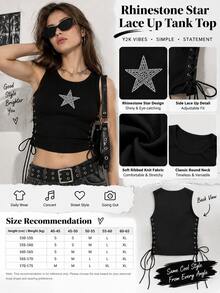 Tank Top Pendek Wanita Motif Pentagram Berlian Imitasi Hitam, Atasan Tanpa Lengan dengan Lubang Tali Samping Gaya Subkultur Y2K - Hitam - View 3