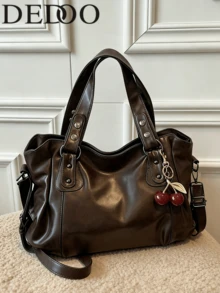 Dedoo New Fashion Solid Color PU Leather Coffee Women's Handbag, Decorated With Red Cherry Pendant Externally, Chic & Elegant - Coffee - View 1