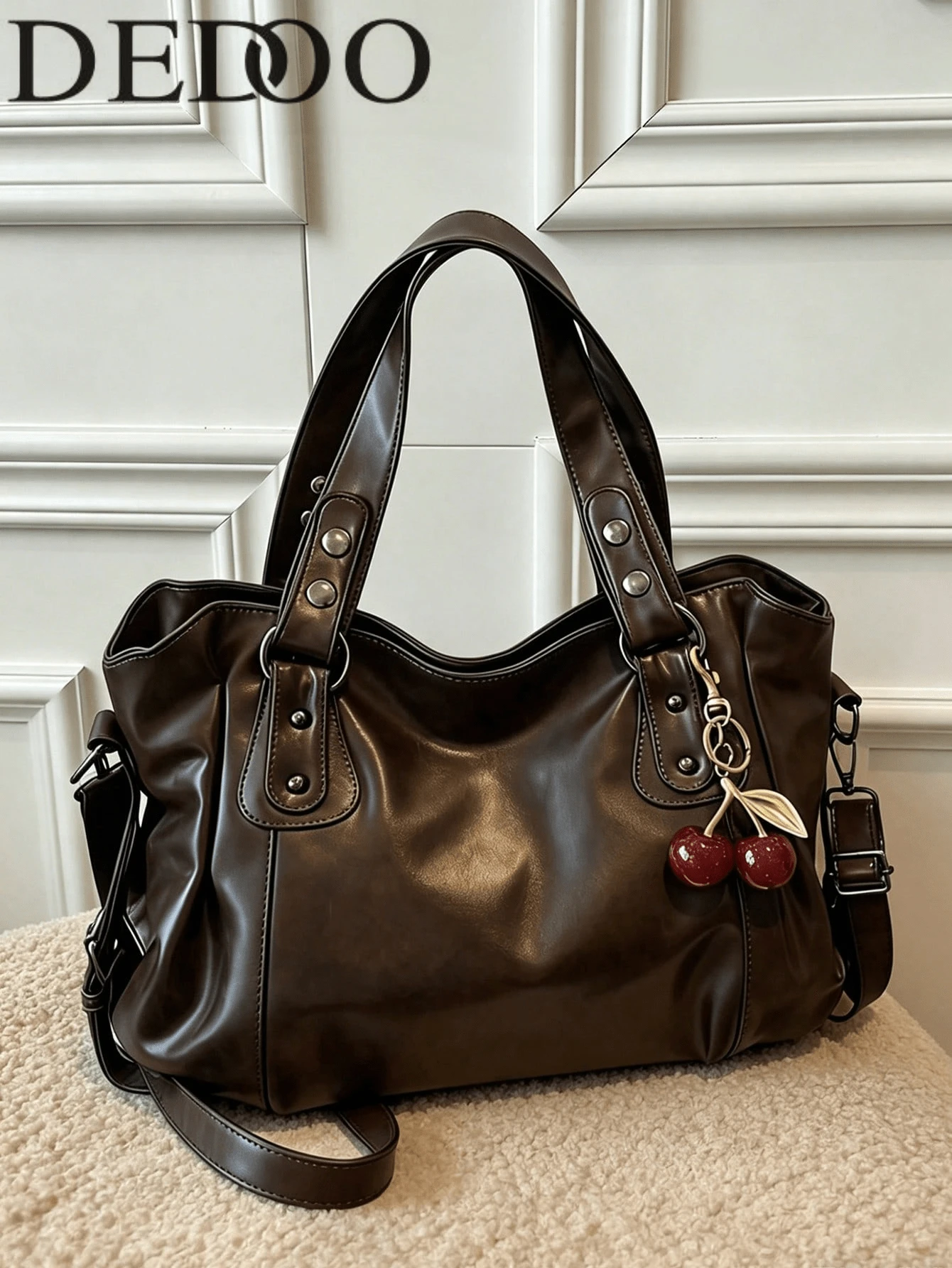 Dedoo New Fashion Solid Color PU Leather Coffee Women's Handbag, Decorated With Red Cherry Pendant Externally, Chic & Elegant - Coffee - View 1