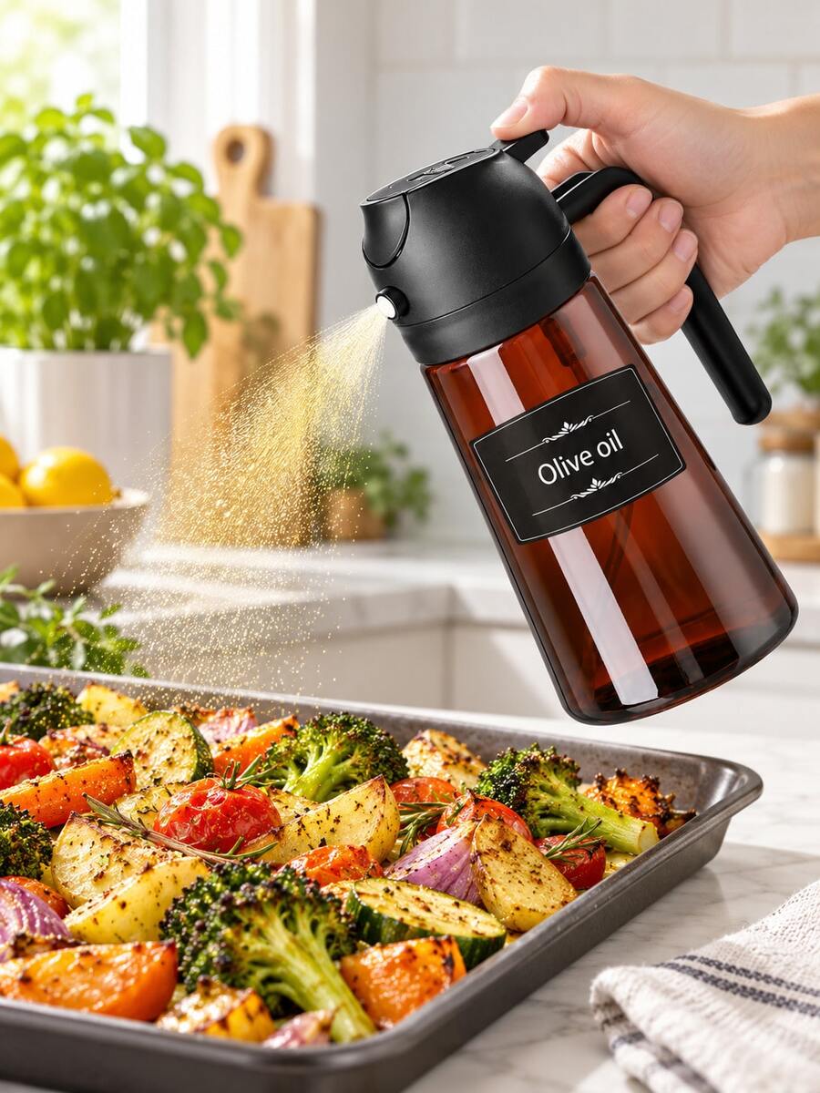 Bình xịt dầu ô liu 2 trong 1 & chai đựng dầu, bình xịt dầu ăn có thể nạp lại với vòi rót dầu và tay cầm, hộp đựng dầu nhà bếp phù hợp cho salad, chiên, nướng, nướng bánh và nồi chiên không dầu, đi kèm nhãn dán