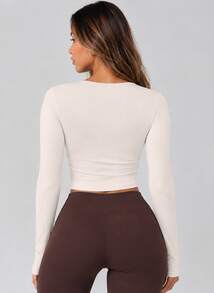 Never me Women's Square Neck Long Sleeve Yoga Top With Horizontal Straps, Hollow Out Cross Gathered Design, Built-In Bra Pads And Asymmetrical Hem - Apricot - View 2