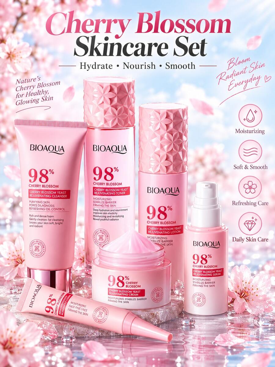 BIOAOUA Sakura Yeast Skincare Set 6-Piece, 48-Hour Moisturizing & Nourishing, Relieves Dryness And Roughness, Smooth & Soft Facial Care Set - 6-piece Moisturizing Skincare Gift Set - View 1