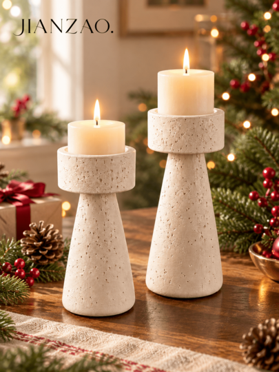 1pc/2pcs Optional Beige Travertine Textured Tapered Pillar Candle Holder, Wabi Sabi Minimalist Christmas Candle Stand, Modern Mid Century Mantel Dining Table Shelf Decor