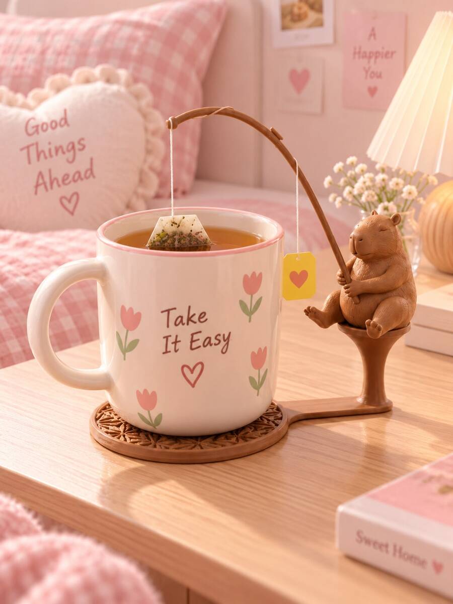 1pc Cute Capybara Tea Bag Holder With Coaster Base, Adorable Animal Fishing Tea Bag Hanging Rack, Creative Desktop Tea Cup Decor, Cute Tea Time Accessory, Cozy Home Kitchen Ornament, Suitable For Multiple Scenes - A - View 1