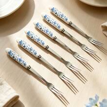 6/12pcs Blue Floral Ceramic Handle Stainless Steel Coffee Spoons, Dessert Spoons, Ice Cream Spoons, Small Spoons, Small Forks And Fruit Forks, Suitable For Home, Restaurant, Hotel Use - Multicolor - View 14