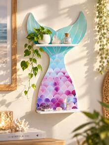 1pc Gradient Mermaid Tail Wall-Mounted Floating Shelf, Colorful Ocean Style Decorative Storage Rack, Fantasy Coast Aesthetic Display Shelf, Unique Mermaid Tail Layered Design, Fish Scale Pattern Art Rack, Multi-Layer Floating Display Shelf, Suitable For Placing Small Items, Applicable To Bedroom, Living Room, Bathroom, Nursery, Apartment, Beach House, Spa, Wedding, Party, Home Wall Decor - Color - View 9