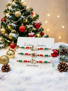 3Pcs/Set Men Women's Christmas Charm Beaded Bracelet, Adjustable String Stackable Bracelets, Holiday Party Jewelry Gift For Lover - Multicolor - View 6
