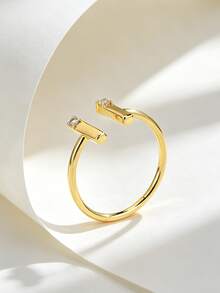 Charm-In Gold Double Vertical Bar Zirconia Open Ring, Modern Minimalist Geometric Style Finger Ring, Daily Workplace Wear Jewelry, Unique Gift For Women And Girls - Gold - View 2