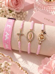 4pcs Faith Pink Braided Bracelet Set, With Cross And PendantBraided Cord Faith Jewelry Gift, Women's Daily/Party/Holiday - Bracelet Set - View 3