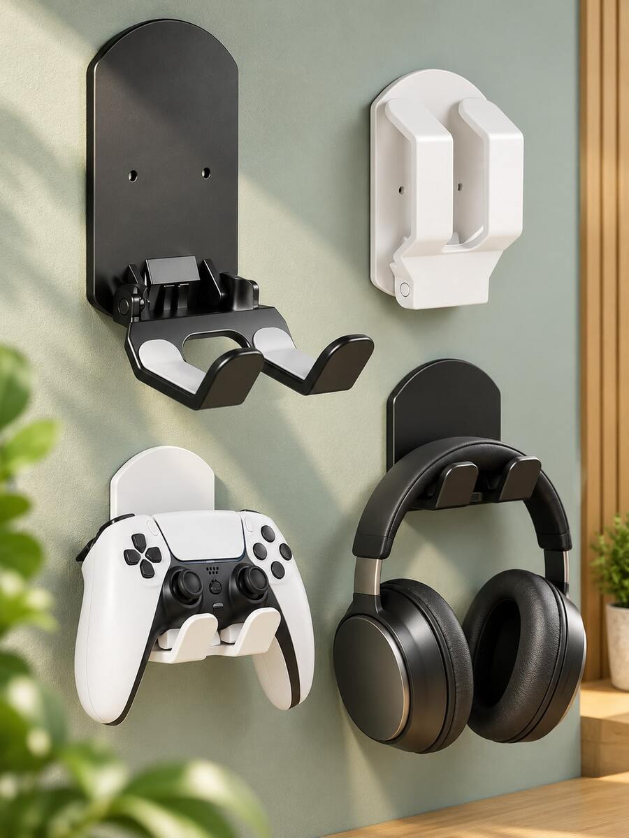 Foldable Headphone Stand Wall Mount Holder, No Drill Gaming Headset Rack And Controller Storage Organizer For Desk, Dorm Room And Bedroom, Space Saving Game Accessories, Home Essentials, University Essentials, Christmas Gifts And Holiday Accessories