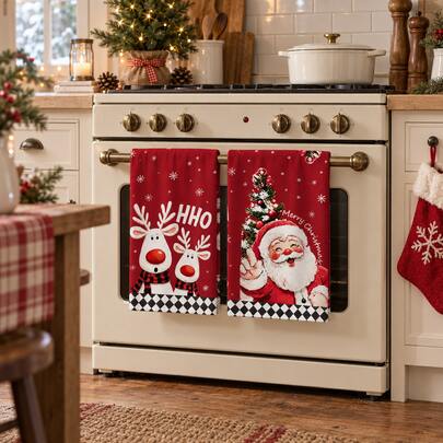 2pcs Christmas Kitchen Towels, Cartoon Santa Claus & Reindeer Cleaning Cloth, Buffalo Plaid Polyester Absorbent Dish Towels, Suitable For Home Kitchen & Bathroom Decor, 2026 Christmas Decorations, 2027 Christmas & New Year Gifts