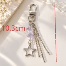1pc/2pcs Women's Transparent Purple Star Beaded Alloy Hollow Pentagram Pendant, High-End Alloy Rhinestone Tassel Keychain, Minimalist Fairy-Style Bag Charm Wallet Accessory - Mauve Purple - View 5