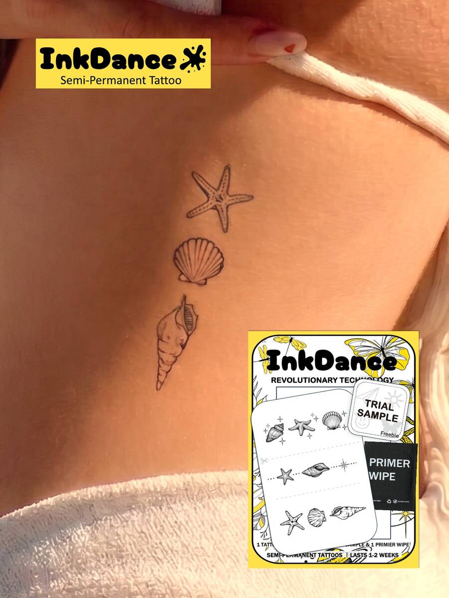 1 Set "Ocean Elements" New Technology Tattoo Stickers, Semi-Permanent, Shells & Starfish, Vacation Style, Bohemian, Temporary Tattoo, Realistic Tattoo, Waterproof & Long-Lasting Design, Plant-Based Formula, InkDance, Ink Dance, Gift X134 - Black - View 1